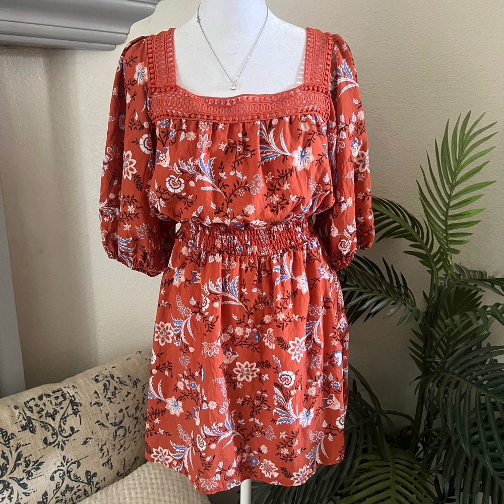 Vintage Forever 21 Orange Floral Puff Sleeve Dress Size M